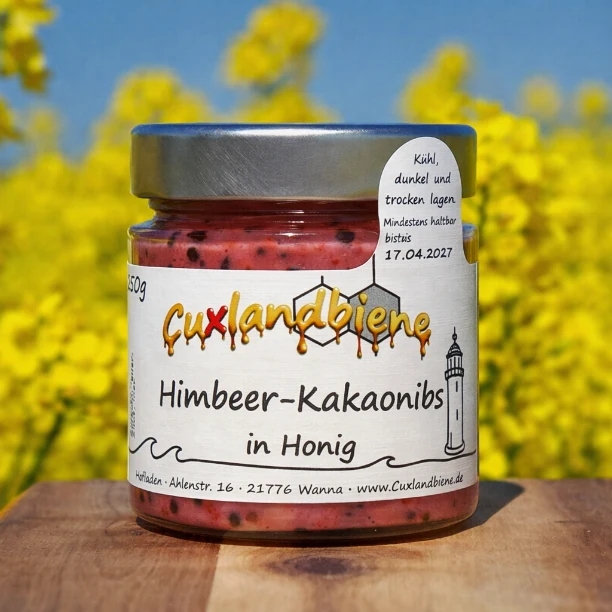 Himbeere und Kakaonibs in Honig - Rapsfeld