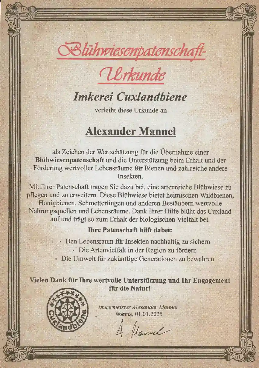 Bluehwiesenpatenschaft-Urkunde